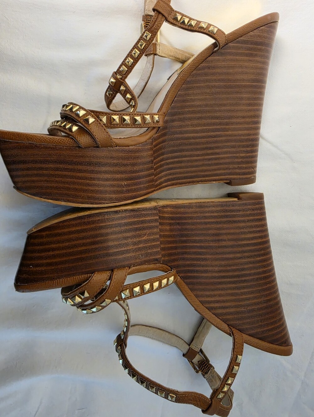 Michael Kors Brown Leather Studded Platform Wedge Sandals Size 7M